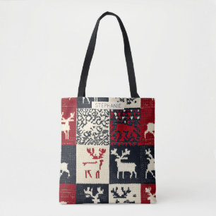 gebreid patchwork kerstpatroon rustiek tote bag