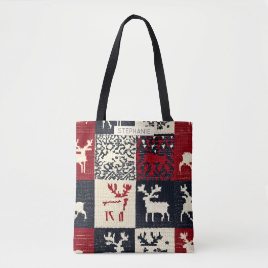 gebreid patchwork kerstpatroon | rustiek tote bag (Voorkant)