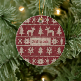 Gebreid trui-patroon Klassiek rood & crèmekleurig Keramisch Ornament