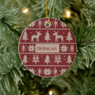 Gebreid trui-patroon Klassiek rood & crèmekleurig Keramisch Ornament