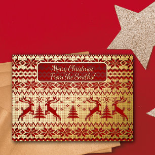 Gebreide goudherten en kerstbomen op rode tas folie uitnodiging