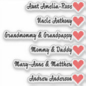 Gebreide Hart Symbool Custom Guest List 6 Namen Sticker (Voorkant)