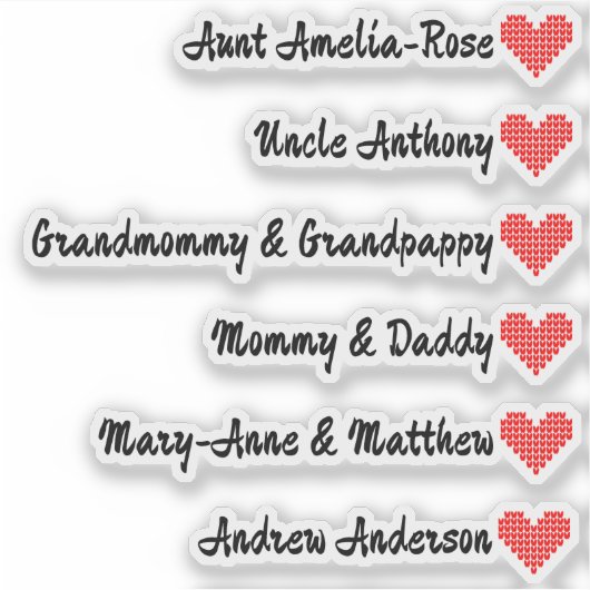 Gebreide Hart Symbool Custom Guest List 6 Namen Sticker (Voorkant)