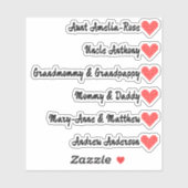 Gebreide Hart Symbool Custom Guest List 6 Namen Sticker (Vel)