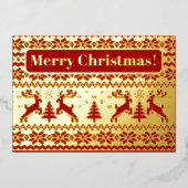 Gebreide herten en kerstbomen in goud en rood folie uitnodiging (Voorkant)