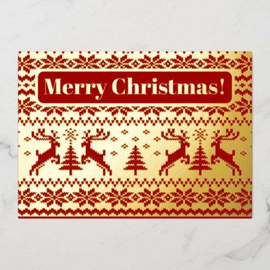 Gebreide herten en kerstbomen in goud en rood folie uitnodiging (Voorkant)