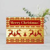 Gebreide herten en kerstbomen in goud en rood folie uitnodiging (Staand Voorkant)