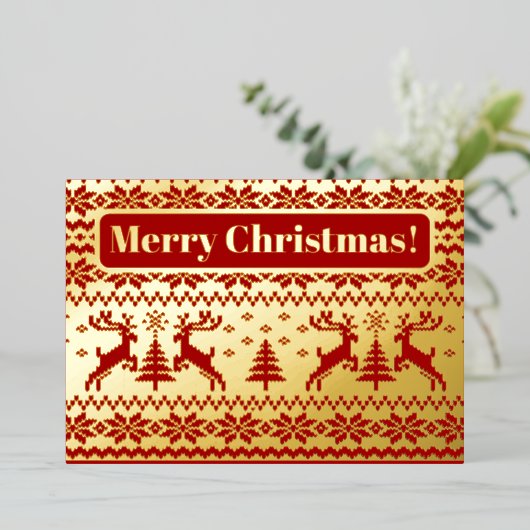 Gebreide herten en kerstbomen in goud en rood folie uitnodiging (Staand Voorkant)