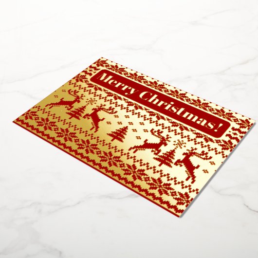 Gebreide herten en kerstbomen in goud en rood folie uitnodiging (Gedraaid)