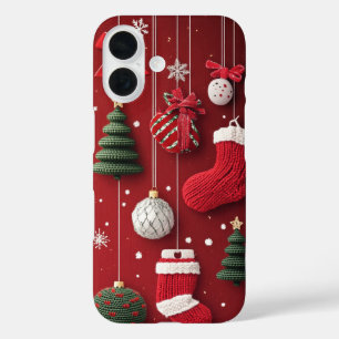 Gebreide Kerst Ornamente Sokken Rood Groen iPhone 16 Hoesje
