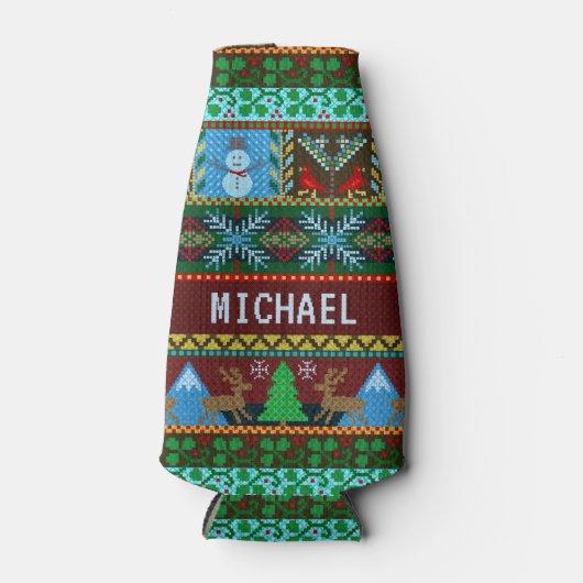 Gebreide kerst rendieren sneeuwmannen vakantie | N Flesjeskoeler (Voorkant)