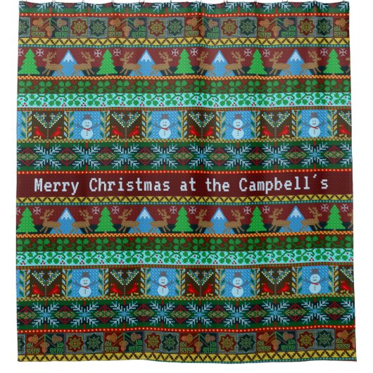 Gebreide kerst sneeuwpoppen rendieren | Achternaam Douchegordijn (Voorkant)