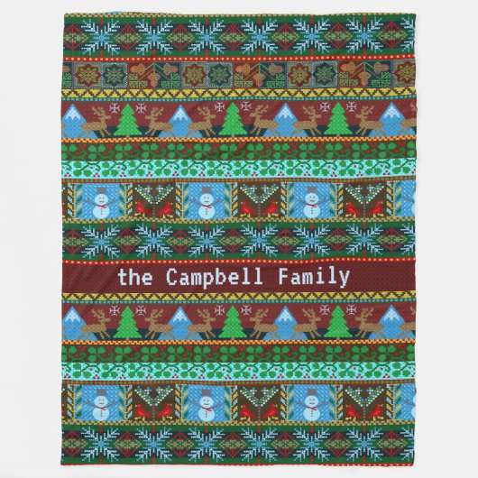 Gebreide kerst sneeuwpoppen rendieren | Achternaam Fleece Deken (Voorkant)