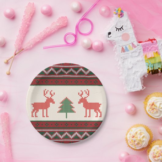 Gebreide kerstboomstructuur voor rendieren | FEEST Papieren Bordje (Feest)