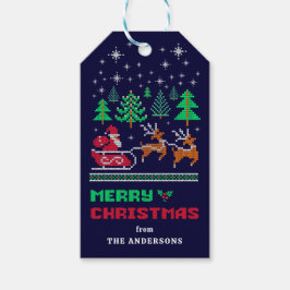 Gebreide kerstpatroon op Navy Blue Merry Christmas Cadeaulabel