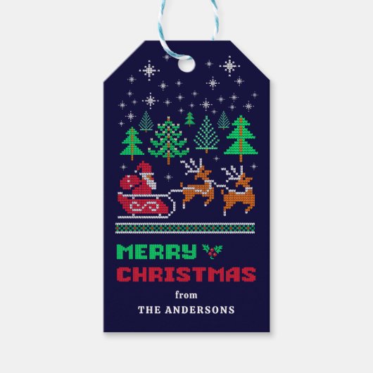 Gebreide kerstpatroon op Navy Blue Merry Christmas Cadeaulabel (Voorkant)