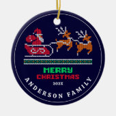 Gebreide kerstpatroon op Navy Blue Merry Christmas Keramisch Ornament (Voorkant)