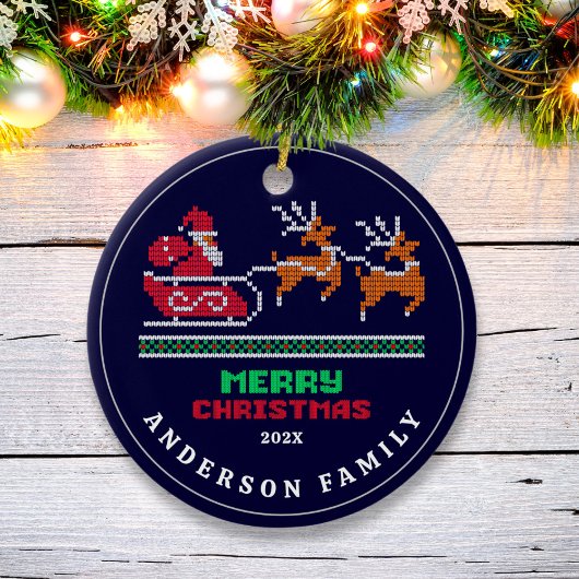 Gebreide kerstpatroon op Navy Blue Merry Christmas Keramisch Ornament
