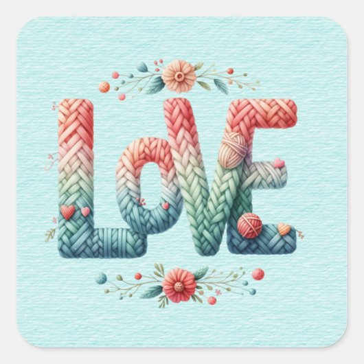 Gebreide LIEFDE Woord Blauw tot Roze Gradient Vierkante Sticker (Voorkant)