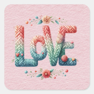 Gebreide LIEFDE Woord Blauw tot Roze Gradient Vierkante Sticker