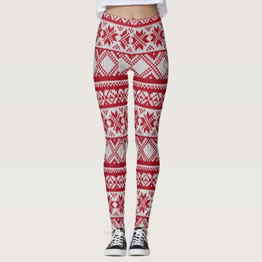Gebreide mas patroon in rood en wit leggings (Voorkant)