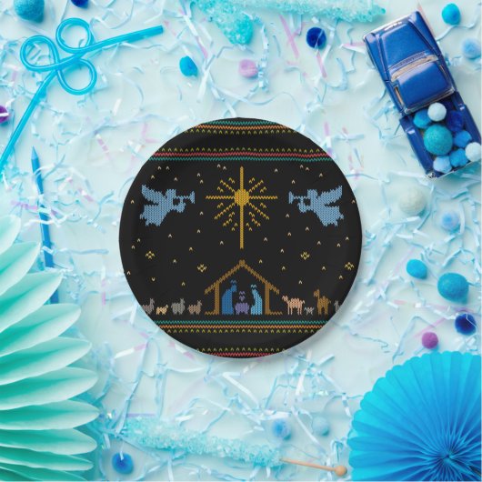 Gebreide nativiteit Ugly Kerstkeuken Religieus Papieren Bordje (Feest)