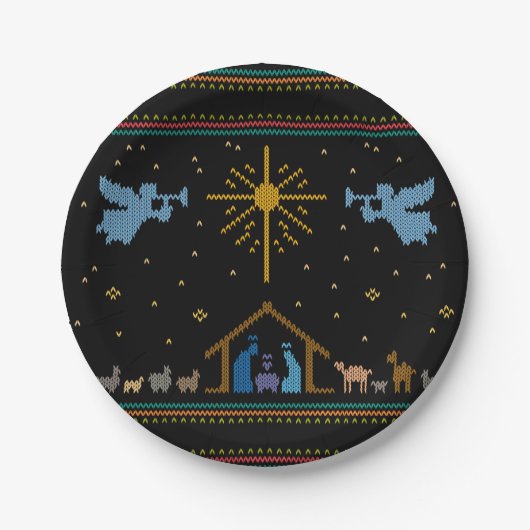 Gebreide nativiteit Ugly Kerstkeuken Religieus Papieren Bordje (Voorkant)