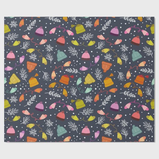 Gebreide Petten en Mittens Dark Blue Winter Patter Cadeaupapier (Vlak)