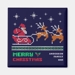 Gebreide Santa Sleigh op Navy Blue Merry Christmas Magneet