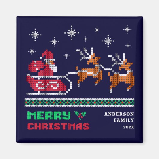 Gebreide Santa Sleigh op Navy Blue Merry Christmas Magneet (Voorkant)