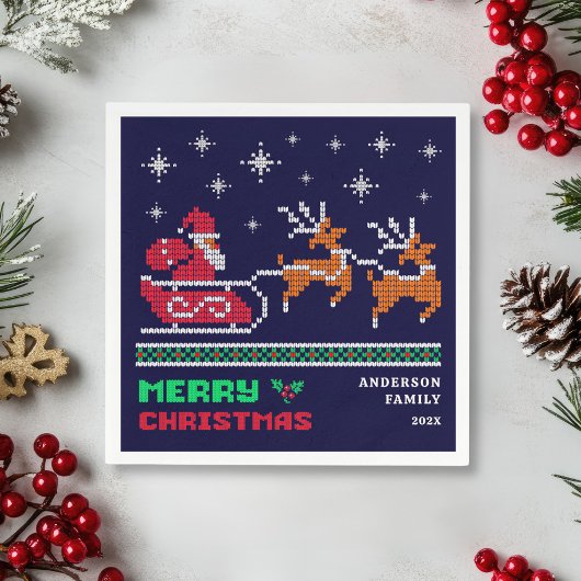 Gebreide Santa Sleigh op Navy Blue Merry Christmas Servet
