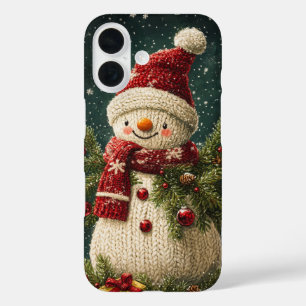 Gebreide Sneeuwman Feestelijke Evergreen Branches  iPhone 16 Hoesje