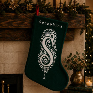 Gebreide sok met botanisch monogram in de letter S Kleine Kerstsok