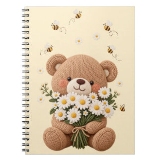 Gebreide teddybeer met madeliefjesboeket en lief b notitieboek