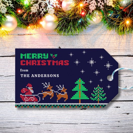 Gebreide winterlandschap met Santa Merry Christmas Cadeaulabel