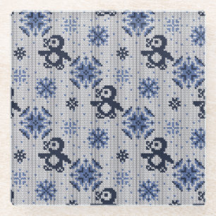 Gebreide winterpinguïns decoratief patroon glazen onderzetter