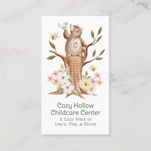 Gebreide Woodland Beer Bloemen Kinderopvang Kinder Visitekaartje (Voorkant)