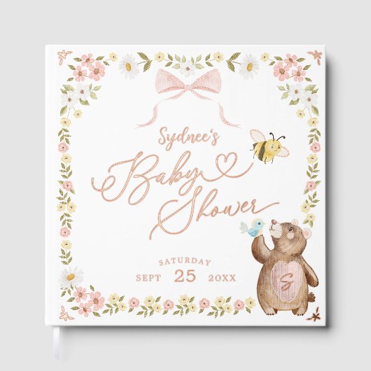 Gebreide Woodland Beer Bloemen Roze Bow Baby showe Gastenboek (Voorkant)