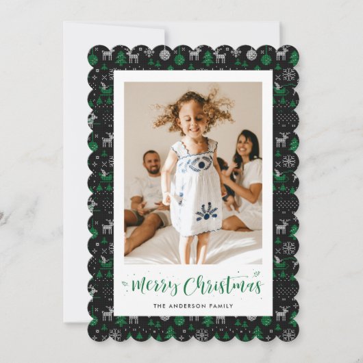 Gebreide Zwart Groen Foto Vrolijke Kerst Kaart (Voorkant)