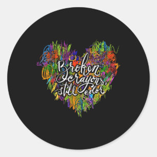 Gebroken kleurpotloden kleuren nog steeds hart men ronde sticker