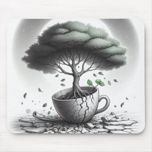 Gebroken kopje met boom. muismat (Voorkant)