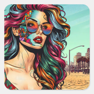 Gebroken kunst   Abstracte vrouw op het strand Vierkante Sticker