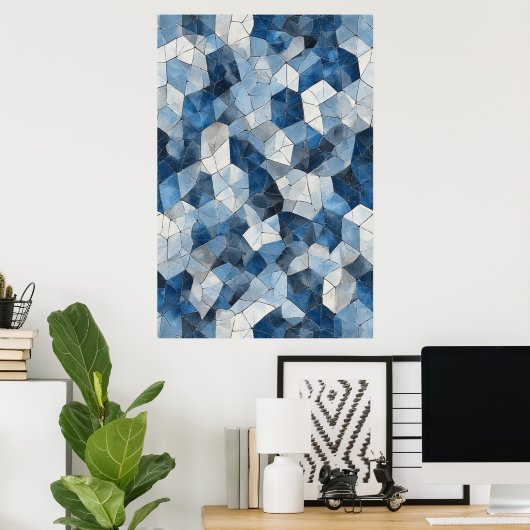 Gebroken mozaïek: blauw geometrisch gebarsten glas poster (Thuiskantoor)