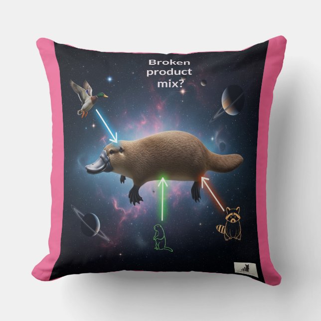 Gebroken productmix? Kosmisch vogelbekdier dilemma Kussen (Voorkant)
