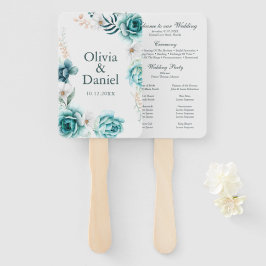 Gebroken wit & Blauwgroen Bloemen bruiloft program Handwaaier