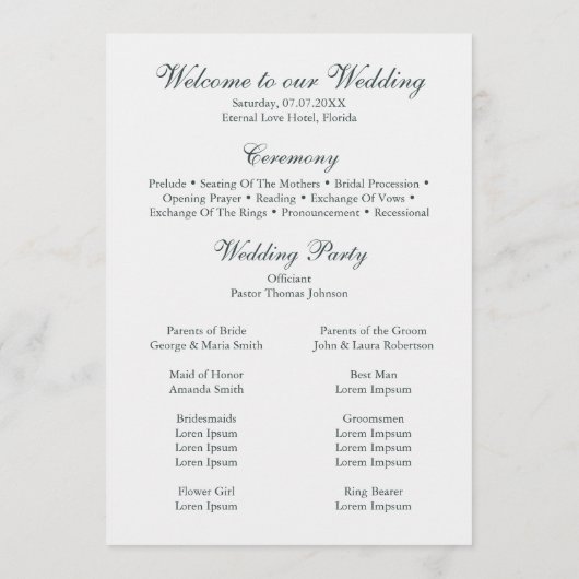 Gebroken wit & Blauwgroen Bloemen bruiloft program Programmakaart (Achterkant)