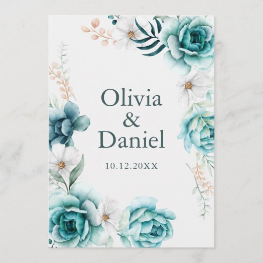 Gebroken wit & Blauwgroen Bloemen bruiloft program Programmakaart (Voorkant)