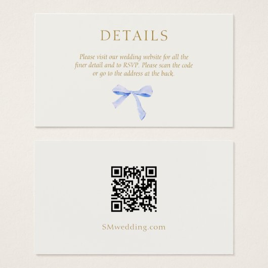 Gebroken wit | Blue Ribbon Wedding Details QR Code Visitekaartje (Voorkant /achterkant)