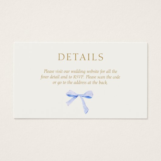 Gebroken wit | Blue Ribbon Wedding Details QR Code Visitekaartje (Voorkant)