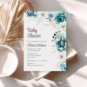 Gebroken wit en Blauwgroen bloemig Baby shower Kaart
